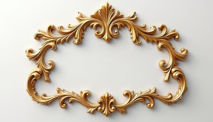 3D render of vintage gold baroque frame scroll ornament. Gold floral element on white background. Elegant luxury ornate classic antique retro decor, royal corner swirls, british pattern. Template for