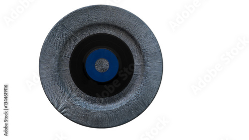 Obraz na płótnie Vinyl record placed on a textured, circular plate, representing a blend of music and modern design w salonie