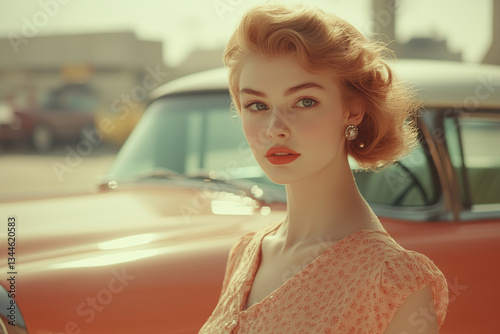 Vintage model exudes elegance in classic dress against retro car backdrop