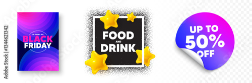 Food and Drink photo frame 3d stars. Discount sticker banner. Food and Drink tag. Kitchen food offer. Restaurant menu. Black friday poster. Promo background. Vector