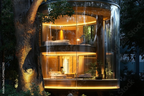 Miniature house nestled in the trunk of a growing tree