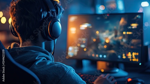 A teenager wearing headphones, focused on playing a multiplayer video game