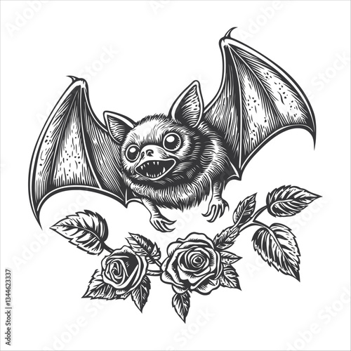 Black and White Illustration of a Bat with Roses in Vintage Style