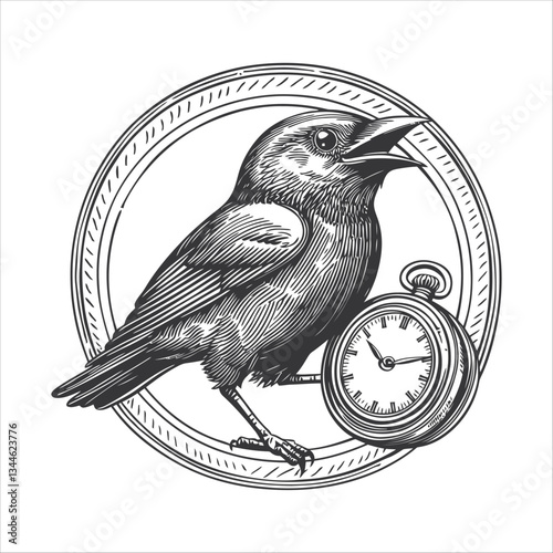 Vintage Bird with Pocket Watch Illustration for Artistic Design