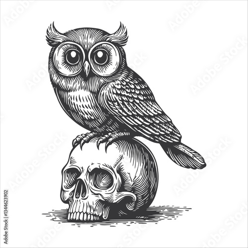 Owl on Skull Vintage Engraving in Black and White Style