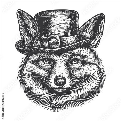 Elegant Fox Wearing Top Hat with Intricate Vintage Sketch Style