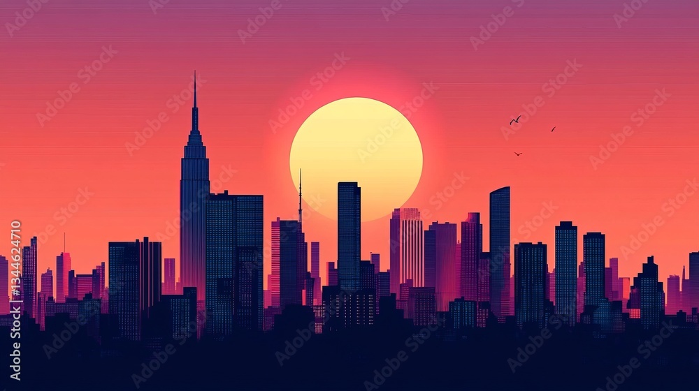Fototapeta premium Retro Sunset City Skyline Silhouette, urban , cityscape