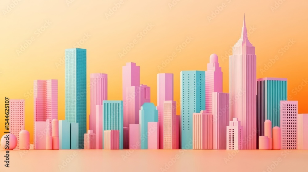 Obraz premium Pastel Cityscape Pink and Teal Buildings on Peach Backdrop, Architecture, Minimalist