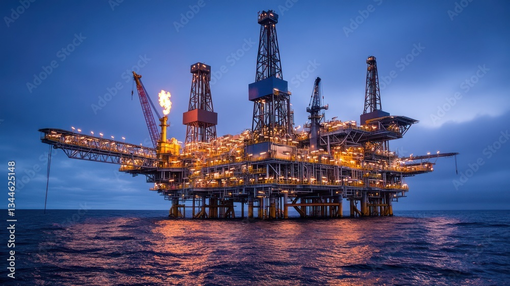 Offshore oil rig at dusk, gas flaring, ocean background, energy production Offshore oil rig at dusk, gas flaring, ocean background, energy production