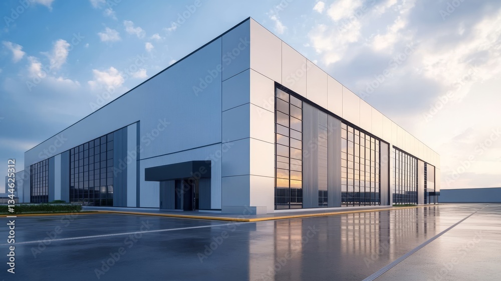 Fototapeta premium Modern White Warehouse, Blue Sky Reflection, architecture ,industrial
