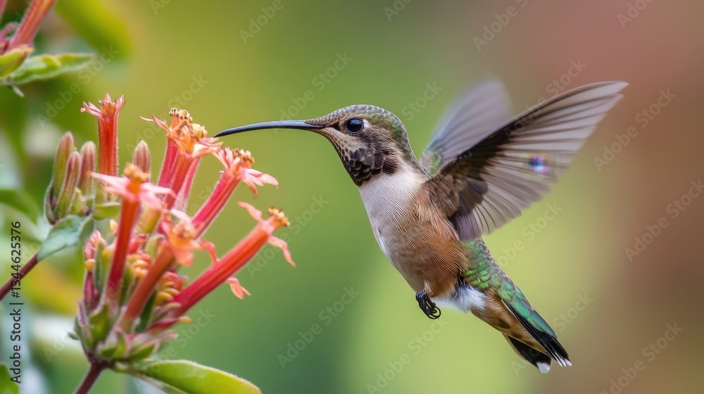 Fototapeta premium A hummingbird approaches flowers for nectar while its wings are extended