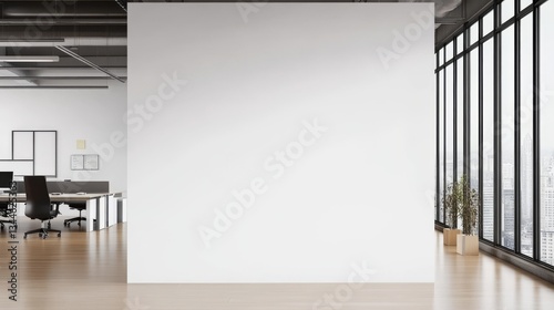 Modern Office with Blank White Wall and City View, Mockup, Workspace