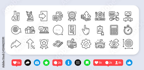 Calculator, Budget accounting and Circle area line icons pack. Social media: share, comment, like icons. Increasing percent, Coffee vending, Work home web icon. Execute, Login, Timer pictogram. Vector
