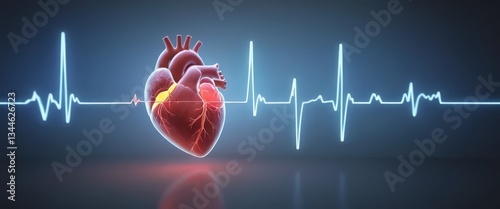 Human heart with heartbeat graph on dark background.