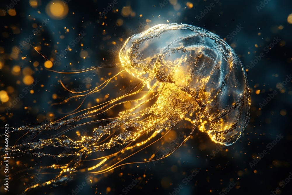 Fototapeta premium A luminous jellyfish floats delicately through a dark underwater space