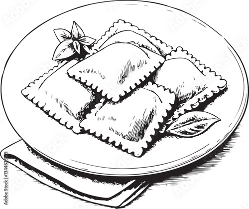 Ravioli Italian Dumplings Black and White Vector Illustration, Sketch Drawing Line Linear Engraving, Hand-drawn Isolated