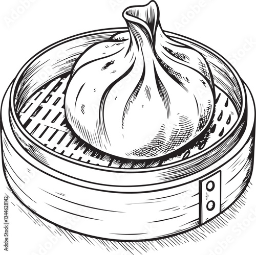 Dumpling Dim Sum Bun Black and White Vector Illustration, Sketch Drawing Line Linear Engraving, Hand-drawn Isolated