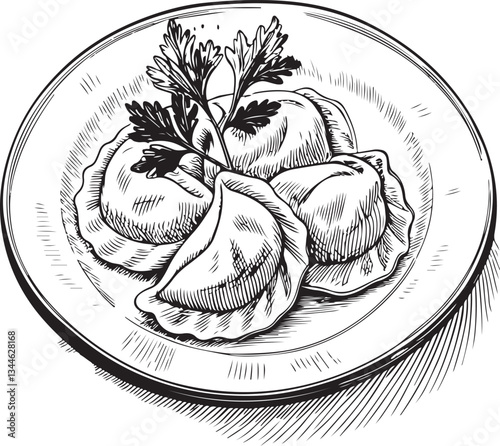 Ukrainian or Polish Dumplings Black and White Vector Illustration, Sketch Drawing Line Linear Engraving, Hand-drawn Isolated