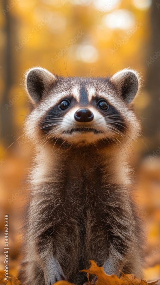 Fototapeta premium Adorable raccoon sitting in autumn leaves, looking directly at the camera.