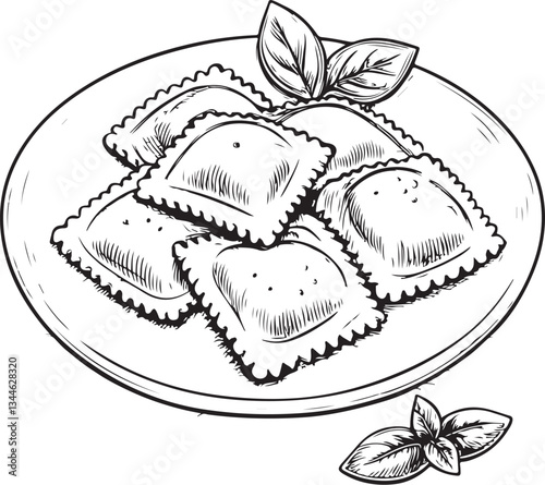 Ravioli Italian Dumplings Black and White Vector Illustration, Sketch Drawing Line Linear Engraving, Hand-drawn Isolated