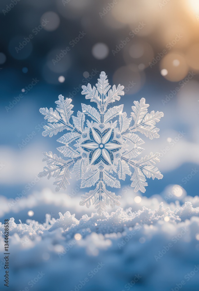 Intricate snowflake resting on snow, glowing in soft winter sunlight. Intricate snowflake resting on snow, glowing in soft winter sunlight.