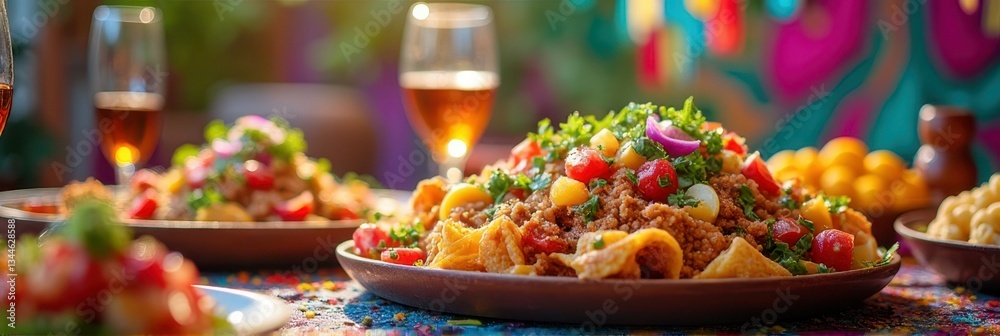 Colorful vibrant mexican feast with nachos and sangria on fiesta table Colorful vibrant mexican feast with nachos and sangria on fiesta table