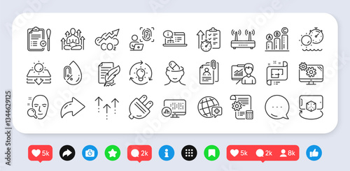 Tanning time, Face search and Electric plug line icons pack. Social media: share, comment, like icons. Presentation, Online documentation, World medicine web icon. Vector
