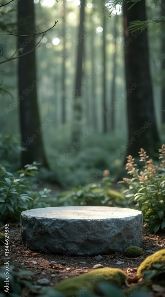 Obraz premium circular gray stone display in a tranquil forest setting