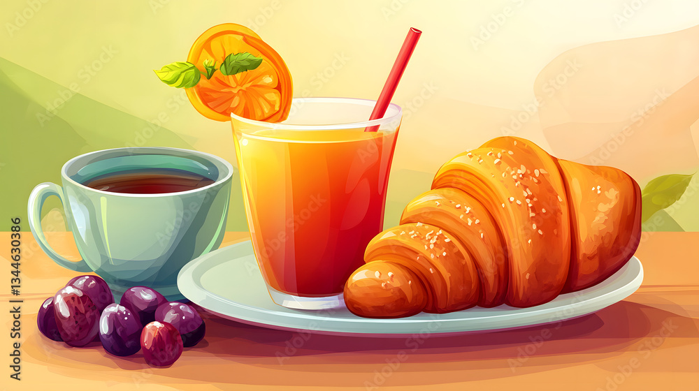 Cartoon Illustration of a Delicious Breakfast with Juice, Croissant, and Coffee Cartoon Illustration of a Delicious Breakfast with Juice, Croissant, and Coffee