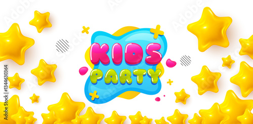 Kids party winner banner with 3d stars. Golden stars banner. Kids party sticker. Fun playing zone banner. Children games party area icon. Review rate background. Vector