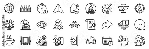 Gps, Cash transit and Approved group line icons pack. Share, Message, Paper plane icons. Headhunting, Mattress, Surprise gift web icon. Vitamin a, Conjunctivitis eye, Open door pictogram. Vector