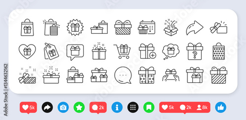 Gift line icons. Social media: share, comment, like icons. Present box, Sale offer. Shopping cart, Tag and Chat. Speech bubble, Give a gift box, question mark, birthday discount. Vector