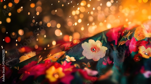 Wallpaper Mural Thai Songkran Festival: Vibrant Floral Fabric with Water Droplets in Motion, Capturing Joy and Renewal Torontodigital.ca