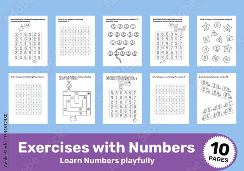 Exercises with Numbers Coloring Pages for Kids – 10 Vector Worksheets for Early Learning, Letter format