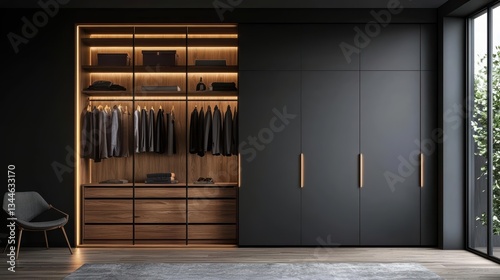 Builtin wooden wardrobe with warm LED strip accents, elegant modernism