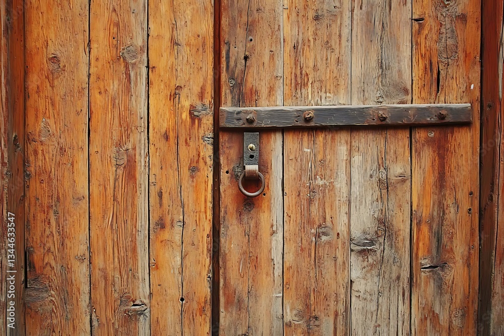 A weathered wooden door, whispering tales of time and resilience, with a rustic iron band and ring, showcasing rich, warm tones. A weathered wooden door, whispering tales of time and resilience, with a rustic iron band and ring, showcasing rich, warm tones.