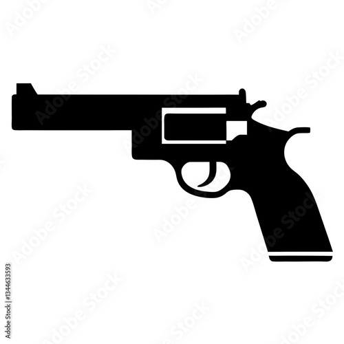Black handgun with bullets on white background