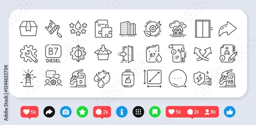 Engineering team, Lift and Quality line icons pack. Social media: share, comment, like icons. Strategy, Petrol station, Customisation web icon. Get box, Diesel, Lighthouse pictogram. Vector