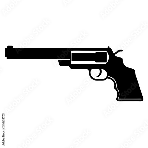 Black handgun with bullets on white background