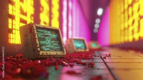 A fortress of obsolete operating systems, each guarded by ancient code, representing the cyclical nature of tech progress.