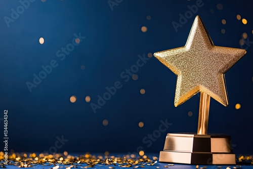 A gold star on a blue background symbolizes a reward for top performance. It represents achievements, victory, and goal accomplishment. The concept includes a winner's cup, a certificate, and first