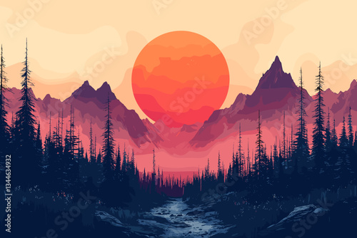 Vector illustration of a surreal mountain landscape with a giant red sun setting behind misty peaks and a dark forest in the foreground