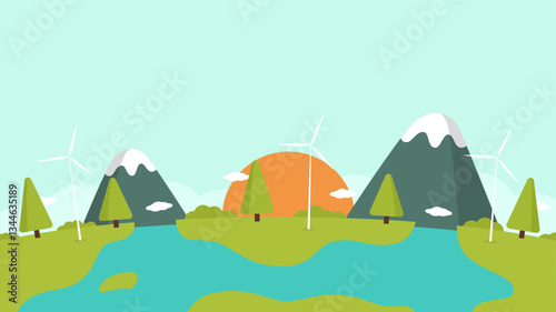 Environment flat illustration with mountains and trees