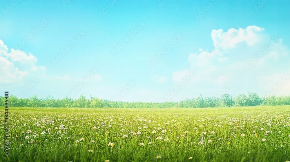 Fototapeta premium Colorful Daisies Blooming in a Panoramic Spring Meadow Scene