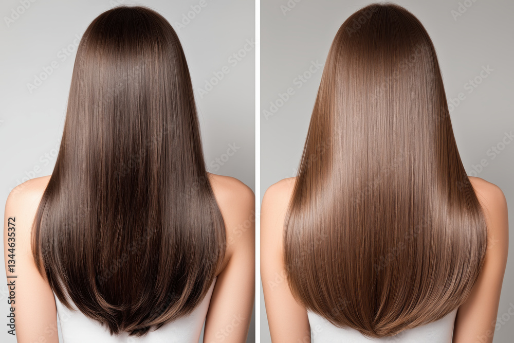 Woman with long brown hair shown before and after hair color treatment comparison. Hair transformation concept for salon services, professional coloring and beauty makeovers Woman with long brown hair shown before and after hair color treatment comparison. Hair transformation concept for salon services, professional coloring and beauty makeovers