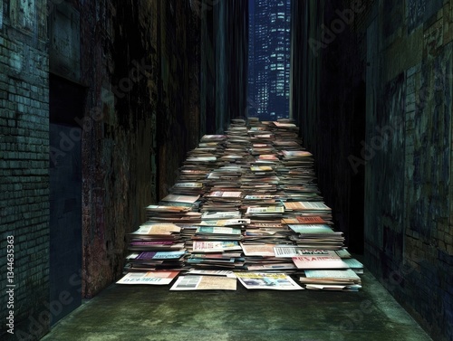 A narrow alley piled high with holographic news headlines, each distorting the truth, forming a suffocating corridor of misinformation.