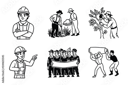 A set of cartoon people in different professions, including business people, men, women, children, and robots, illustrated in a vintage, retro style with silhouettes and icons
