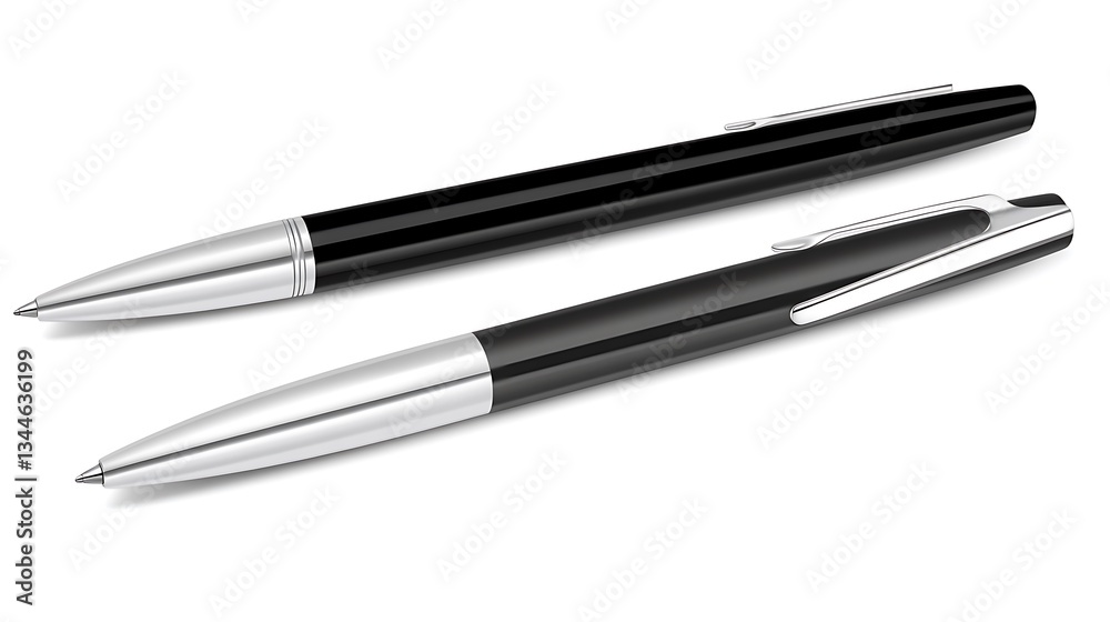 Two ballpoint pens in black and silver on a white background Two ballpoint pens in black and silver on a white background