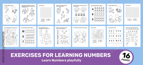 Exercises for Learning Numbers Coloring Pages for Kids – 16 Vector Worksheets for Early Learning, Letter format