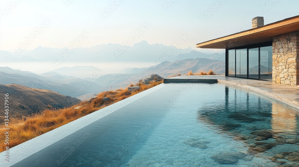 Fototapeta premium Modern house with infinity pool overlooking mountain range.